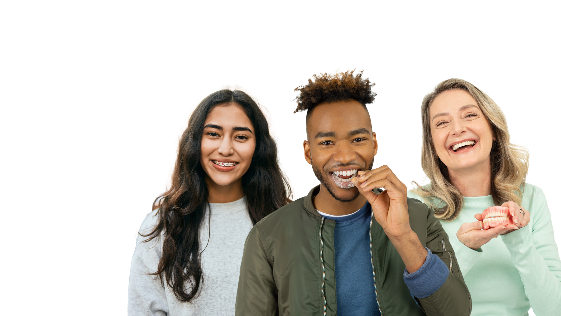 people smiling with aligners braces and dentures